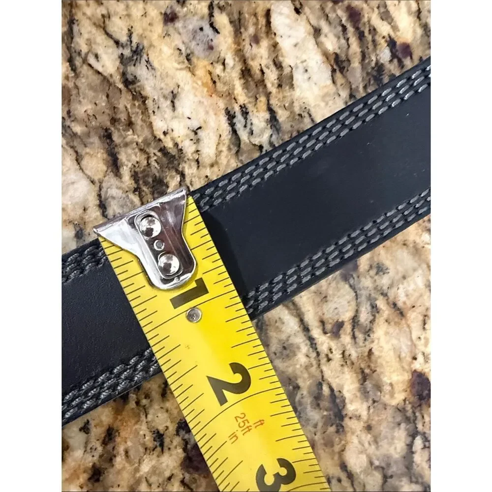 Black Genuine Leather Belt Gray Stitching Silver Buckle Size 46